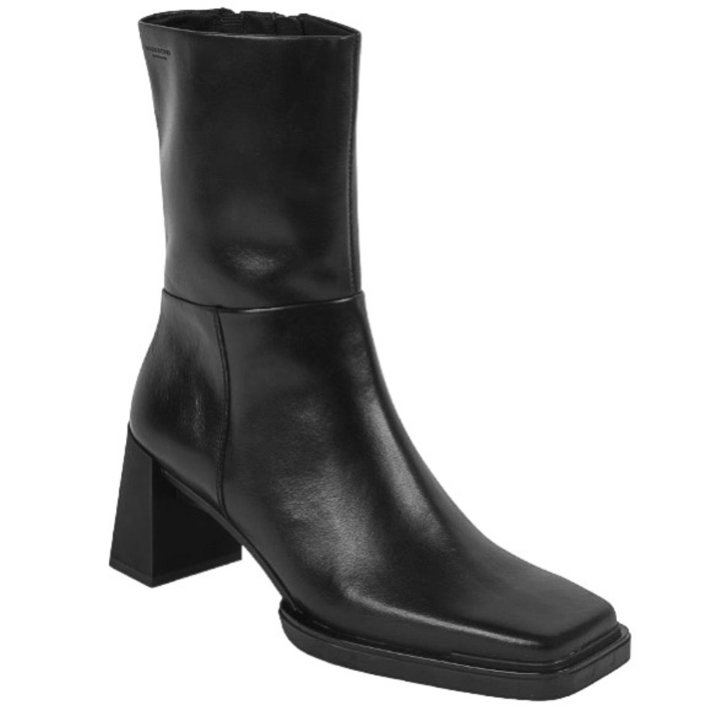VAGABOND Edwina Square Toe Black Leather Ankle Boots Chunky Heel Booties Size 37